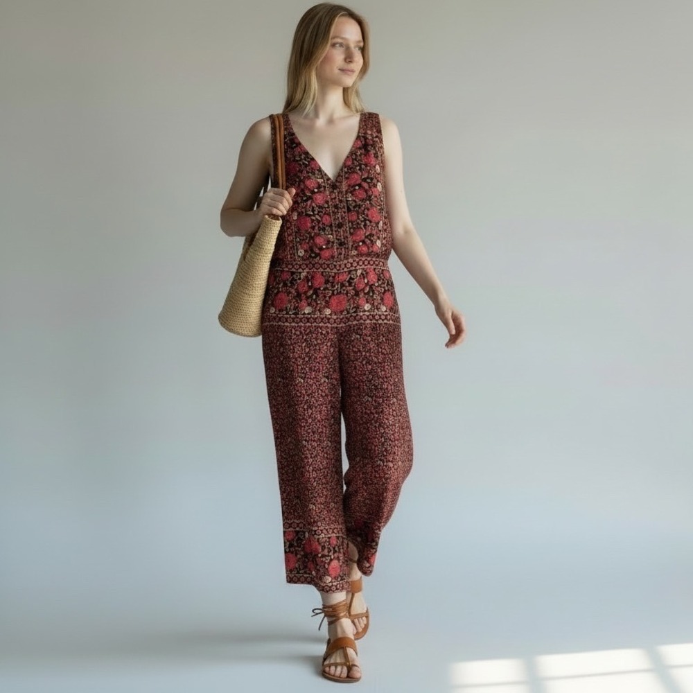 Free People Jumpsuit XS Red Black Floral Wide Leg Cropped Keyhole Back Boho
